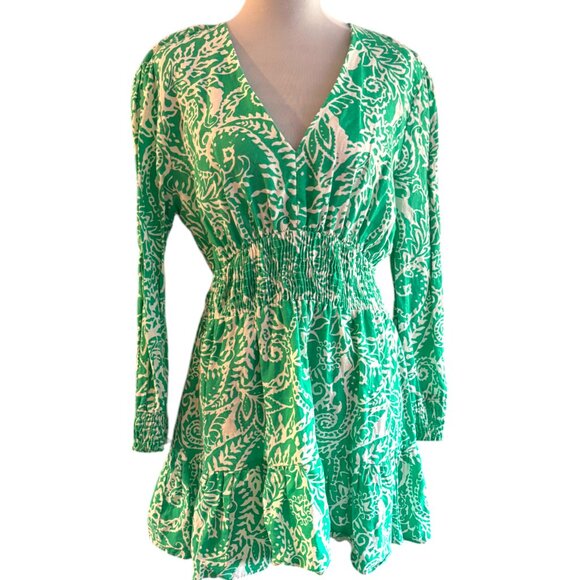 Zara Women's linen blend floral ruffled Vneck smocked waist Boho dress sz L - Picture 1 of 13